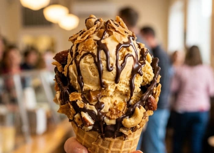 Golden butterscotch cone filled with creamy caramelized ice cream in a crispy waffle ice cone with a chocolate-coated rim.