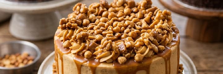 Premium toppings for cakes including butterscotch nuts, pralines, toffee bites, chocolate decorations, and colorful sprinkles on assorted cakes
