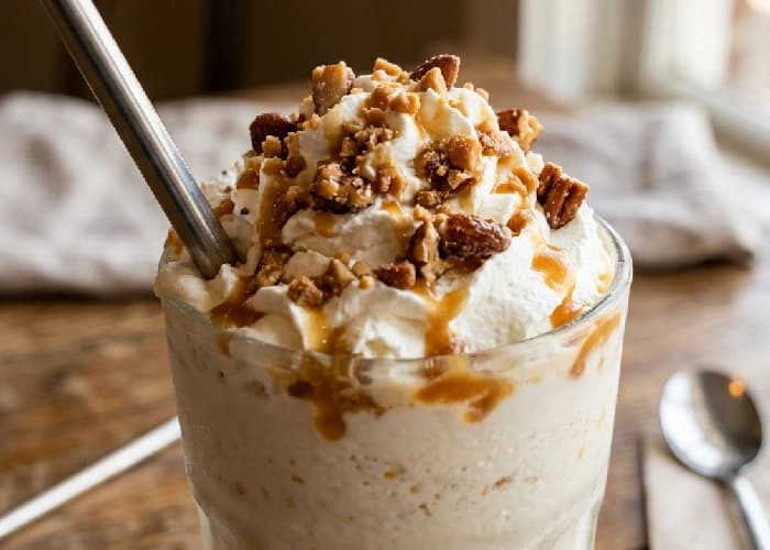 Butterscotch nuts topping a thick ice cream shake with whipped cream