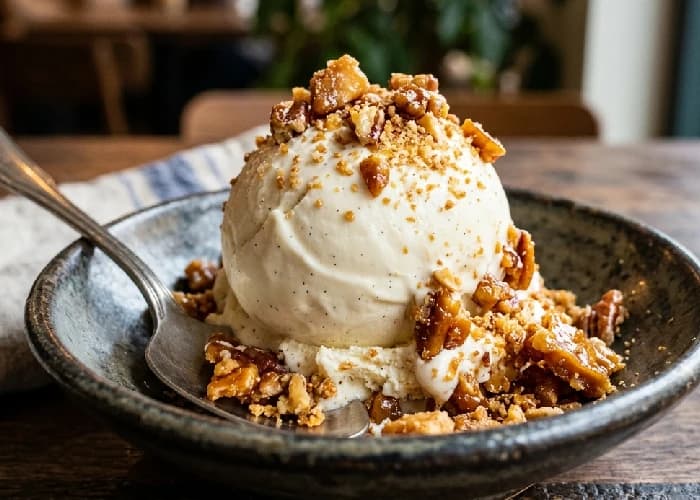 Butterscotch nuts topping a thick ice cream shake with whipped cream
