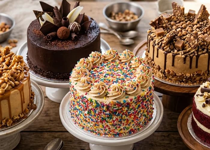 Premium toppings for cakes including butterscotch nuts, pralines, toffee bites, chocolate decorations, and colorful sprinkles on assorted cakes